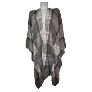 New Lauren Ralph Lauren Grey Cream Plaid Wool Cashmere Blend Poncho Wrap S/M NW